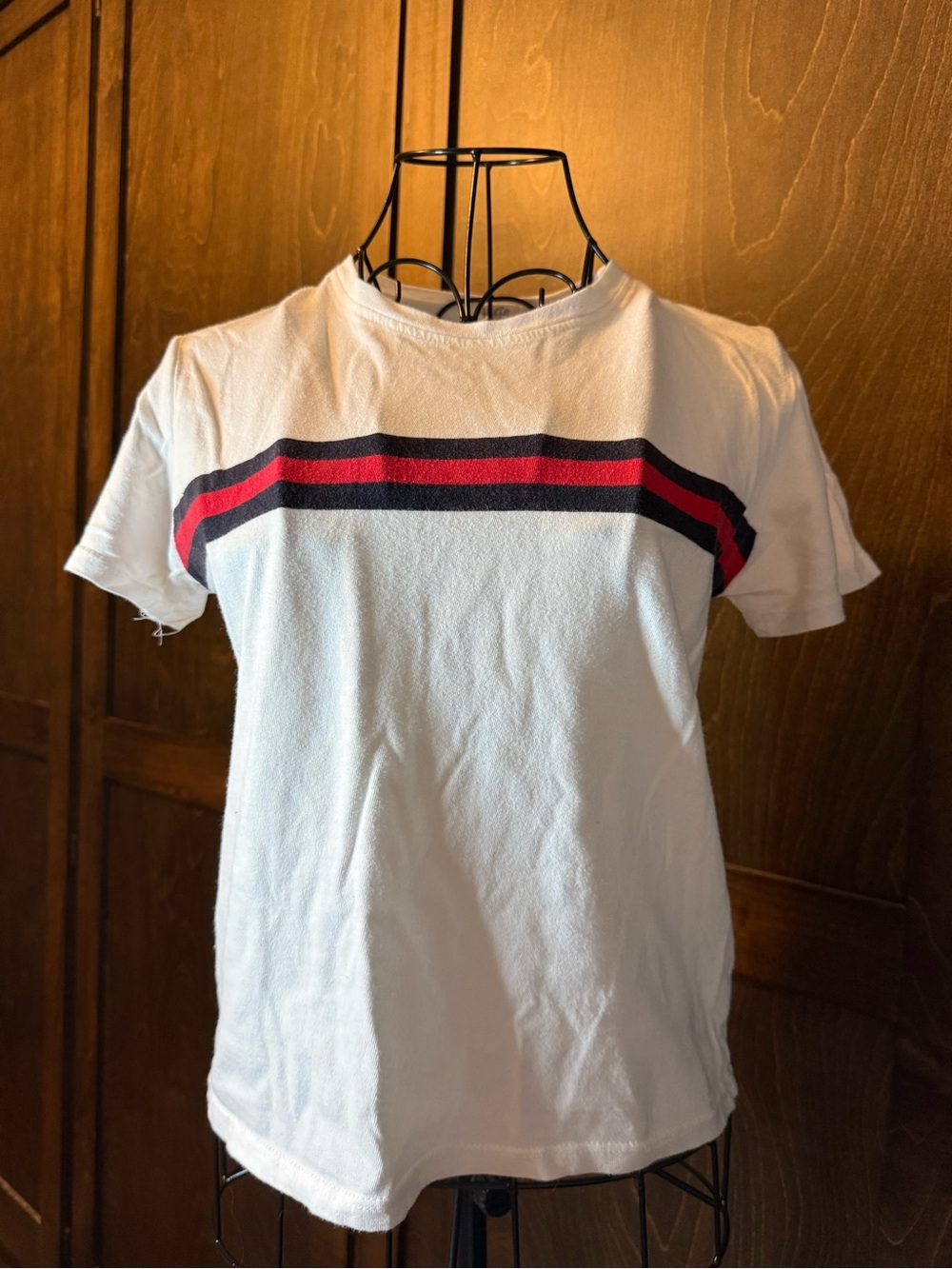 Brandy Melville White Tee with Red and Navy Chest Stripes